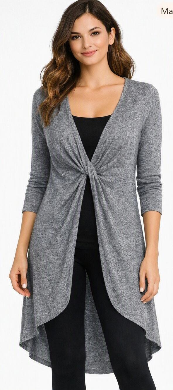 Soft Surroundings Twist‑Front Cardigan Duster Sweater Gray Sz L No Size Tag